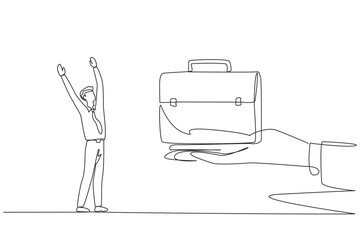 Single continuous line drawing businessman was excited to get the briefcase from the giant hand. Important prize. Simplify business trips. Increase company revenue. One line design vector illustration - obrazy, fototapety, plakaty