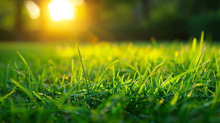 Youthful, sunlit green grass on a vibrant summer morning.