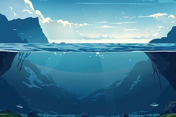 Split-screen illustration depicting a vibrant ocean scene, half above water and half underwater.