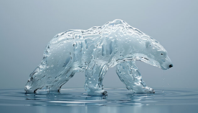 realistic ice sculpture of a polar bear on blue background with melting water, symbolizing global warming