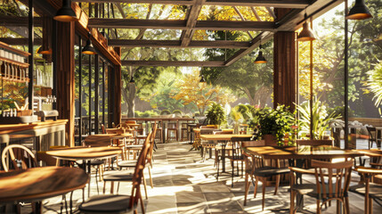 A realistic photo of an interior design rendering, featuring an open-air bar cafe. Decorated in a modern style. Cozy atmosphere