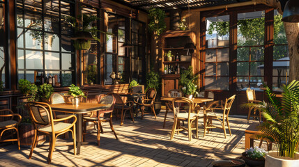Fototapeta premium A realistic photo of an interior design rendering, featuring an open-air bar cafe. Decorated in a modern style. Cozy atmosphere