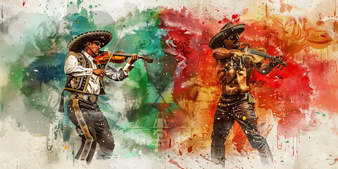Mexican Flag with a Mariachi Musician and a Wrestler - Imagine the Mexican flag with a Mariachi musician representing Mexico's music culture and a Lucha Libre wrestler