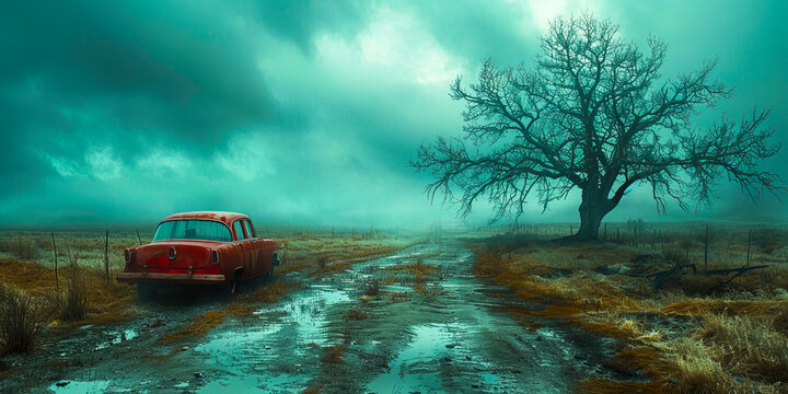 Fototapeta Abandoned journey: vintage car on a desolate road