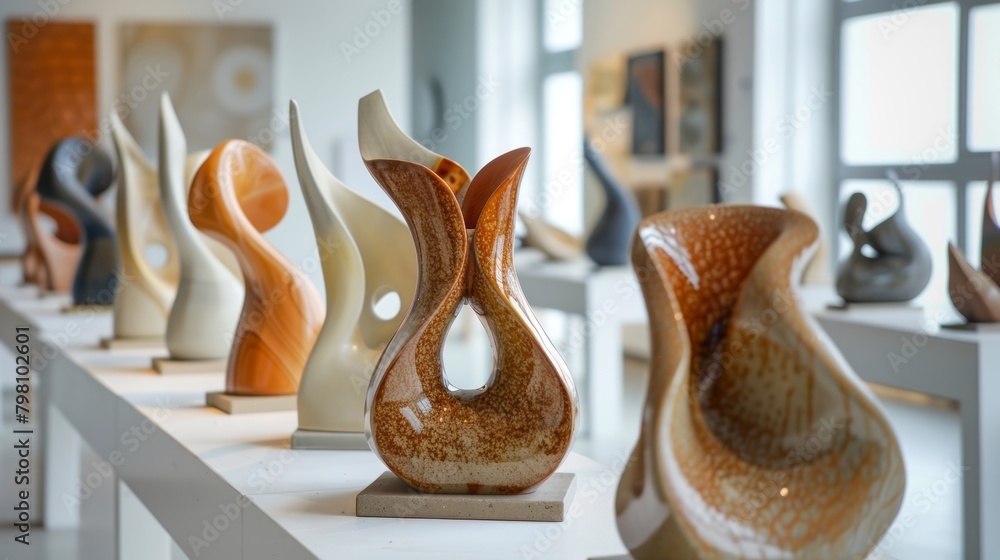 Aufkleber a display at an art gallery showcasing a collection of advanced ceramic sculptures representing the 