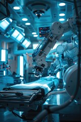 Fototapeta premium A robotic arm attached to a hospital table. Can be used for medical technology concepts
