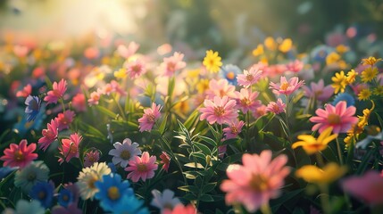 This is a nature photograph of a field of flowers. The flowers are mostly pink, yellow, and blue. The sun is shining brightly in the background.