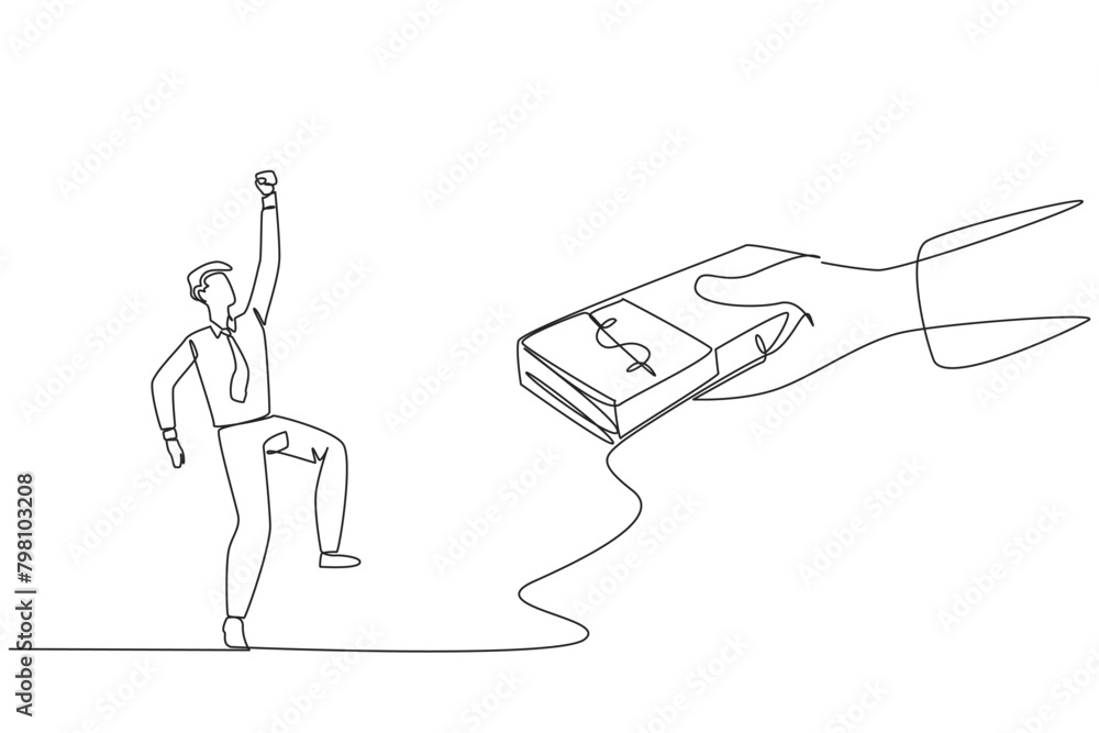 Poster continuous one line drawing businessman was excited to get a stack of banknotes from giant hand. get