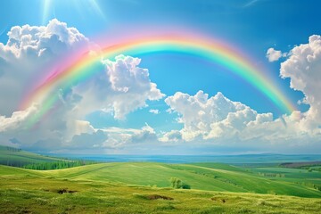 Fototapeta premium A countryside landscape with a large rainbow arching over rolling green hills