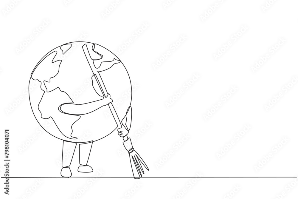 Aufkleber single continuous line drawing globe sweeps up the scattered rubbish with a broomstick. keeping the 