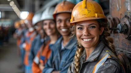 A Diverse Group of Factory Workers in Safety Gear Smiling Together. Concept Factory Workers, Diversity, Safety Gear, Smiling Together, Teamwork