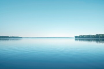 A minimalistic landscape photo view of river or ocean with blue sky. Horizontal landscape of realistic of beach with blue. Perfect ocean surface. Tranquility, calm concept. Nature concept. AIG42.