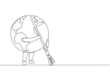 Single continuous line drawing globe sweeps up the scattered rubbish with a broomstick. Keeping the surrounding environment clean is a shared responsibility. Save. One line design vector illustration