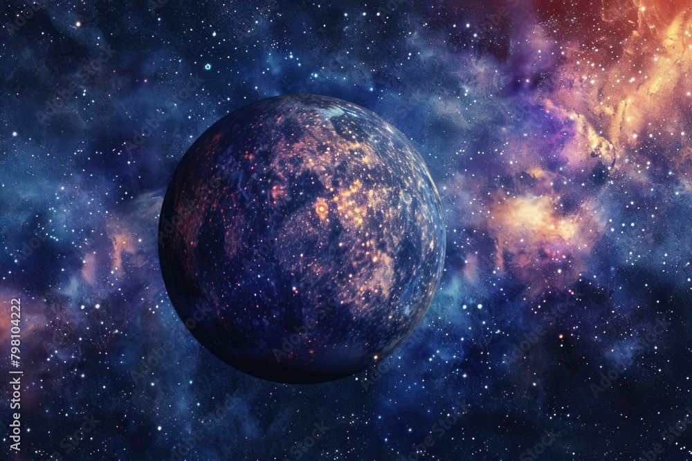 Poster a stunning image of a planet in the middle of a galaxy. perfect for science and space-related projec