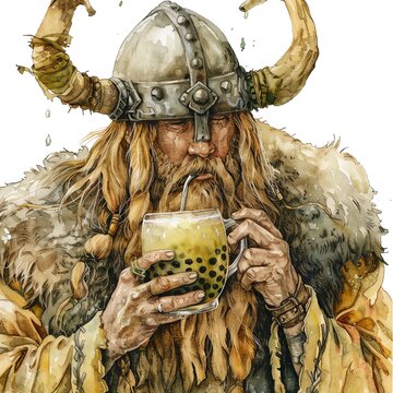 A watercolor painting of a Viking drinking bubble tea. He has a straw in his mouth and is holding the cup with both hands. He is wearing a horned helmet and a fur cape.