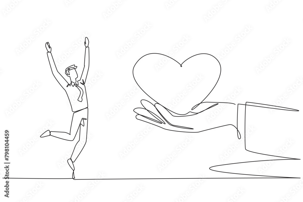 Poster single one line drawing the businessman is happy to get love from the giant hand. doing business usi
