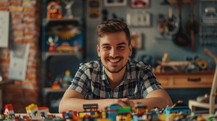  Excited young man playing lego toys