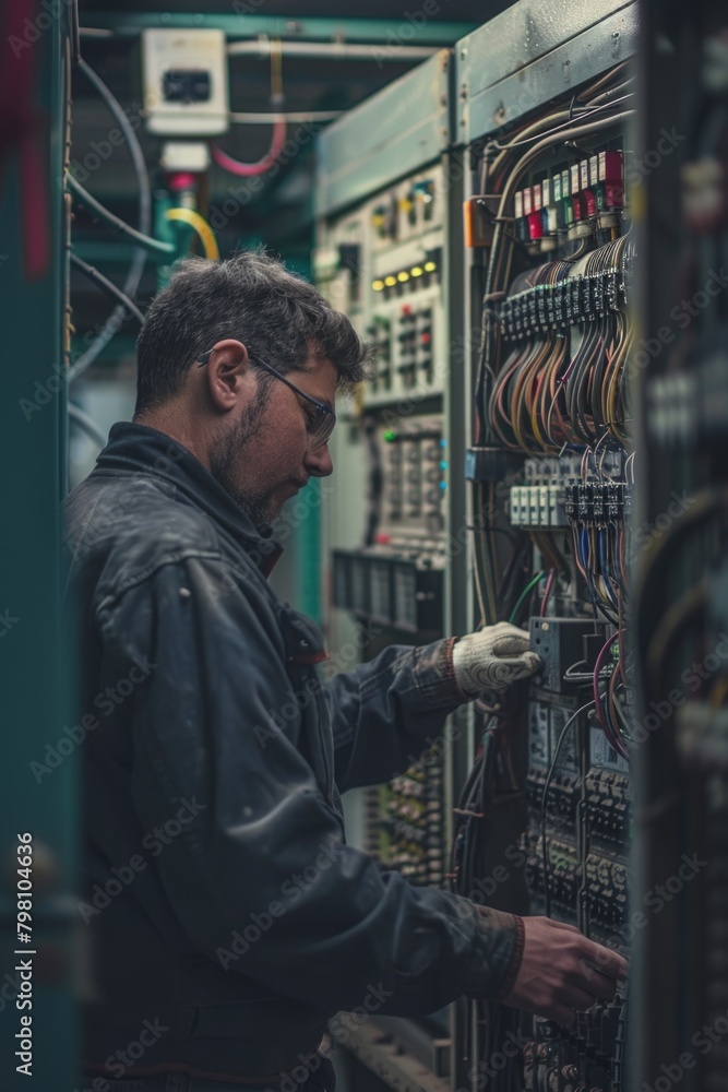 Poster a man working on a machine in a factory. suitable for industrial concepts