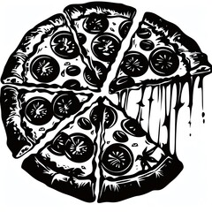 A black and white illustration of a pizza, cut into 6 slices, with pepperoni and cheese.