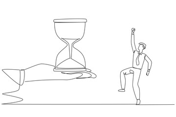 Continuous one line drawing the businessman was excited to get the hourglass from the giant hand. Concern about deadlines. Teamwork makes everything easier. Single line draw design vector illustration