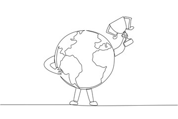 Single one line drawing globe raised the trophy with one of his hands. The best place for all living things. Keeping the earth green. Saving the earth. Continuous line design graphic illustration
