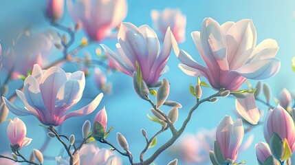 Amidst a backdrop of clear blue skies the elegant magnolia flowers are beginning to unfurl in...