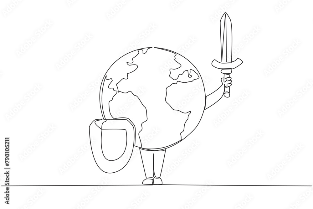 Aufkleber continuous one line drawing globe holds a shield and sword. guardian of the earth. always ready to b