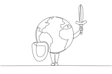 Continuous one line drawing globe holds a shield and sword. Guardian of the earth. Always ready to be relied on. Guardian of the cleanliness of the earth. Single line draw design vector illustration