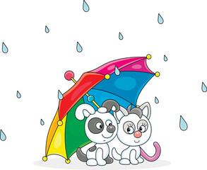 Happy little puppy and kitty hiding from summer rain under a beautiful striped umbrella, vector cartoon illustration on a white background