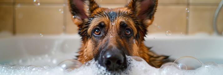 German Shepherd Enjoying a Bubble Bath in a Bathtub
