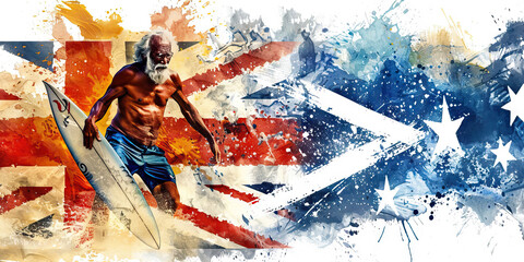 Australian Flag with an Aboriginal Elder and a Surfer - Visualize the Australian flag with an Aboriginal elder representing Australia's indigenous culture and a surfer