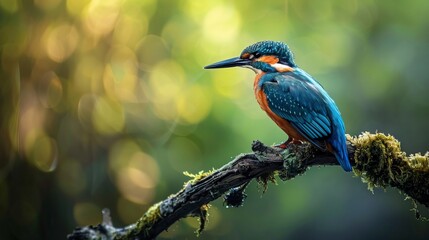 Vibrant kingfisher (alcedo atthis) perched on branch, close-up shot with stunning detail and colors, wildlife photography in natural habitat