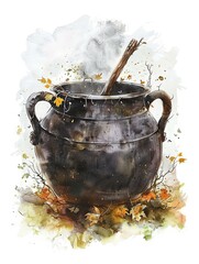 Enchanted Witchs Cauldron Intricate Watercolor of a Magical Potion Brewing - obrazy, fototapety, plakaty