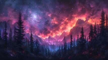 the ethereal beauty of a cosmic violet and pink starry sky, where silhouette forest trees create a...