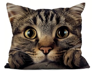 An elegant cushion that displays a high-resolution image of a tabby cat
