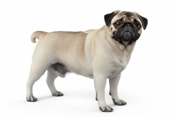 Obraz premium A pug dog standing in front of a white background. Ideal for pet product advertisements