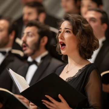 Solo singer during an opera concert. Inspiration, skill, classical music. Opera singer in front of the choir. Applause, success, opera, baroque, music festival.