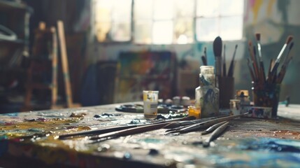The hazy background of an artists studio reveals a myriad of blurred paint tubes and brushes tered around a tabletop palette adding to the creative chaos of the space. .