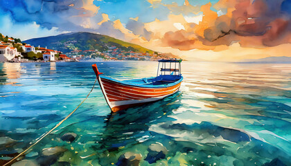 Painting of a Fishing boat on the sea in Montenegro