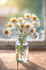 Tranquil Morning Light with Fresh Daisy Arrangement on Window Sill