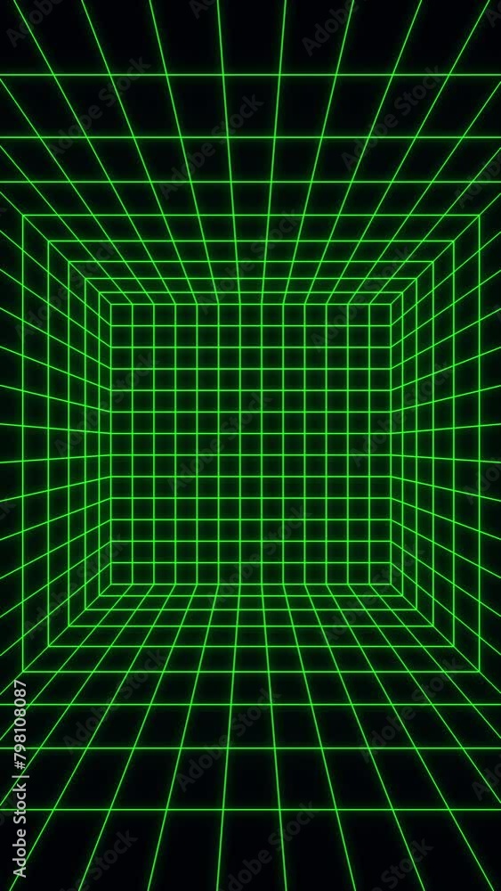 Poster flying in green digital grid . abstract motion vertical background. cyberpunk concept. sci-fi seamle