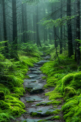 Misty Forest Pathway Lined with Lush Green Moss and Fog