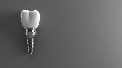 Dental implant on gray background, artificial ceramic tooth space for text