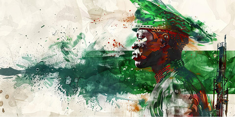 Nigerian Flag with a Yoruba Chief and an Oil Worker - Imagine the Nigerian flag with a Yoruba chief representing Nigeria's diverse culture and an oil worker