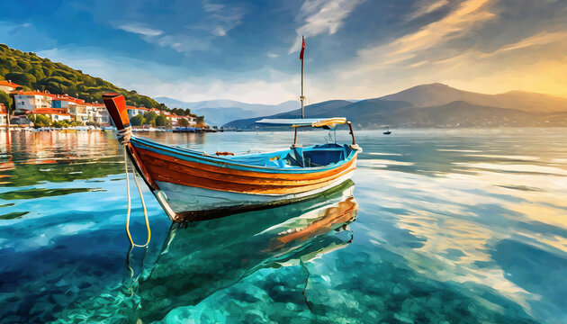 Painting of a retro wooden fishing boat on the sea in Aaegean Turkey