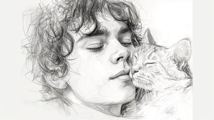 Fototapeta premium Happy boy hug his cat. Close up black and white sketch of funny young man near the cute animal. 