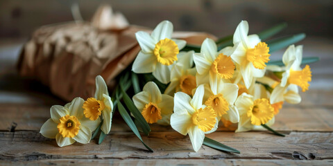 Fototapeta na wymiar Fresh Spring Daffodils on Rustic Wooden Table
