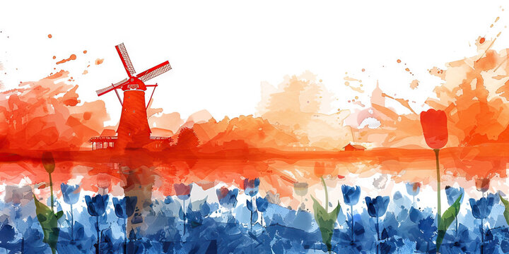 Dutch Flag with a Windmill Operator and a Tulip Farmer - Visualize the Dutch flag with a windmill operator representing Dutch engineering and a tulip farmer