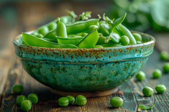 Fresh Green Peas in a Rustic Ceramic Bowl on Wooden Table