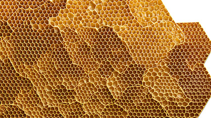 Golden background from honeycombs isolated on a white background. Close up, 3D rendering
